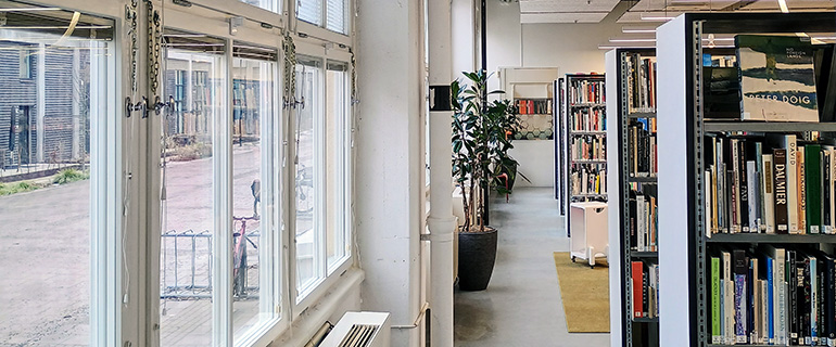 View of shelves and windows in the library