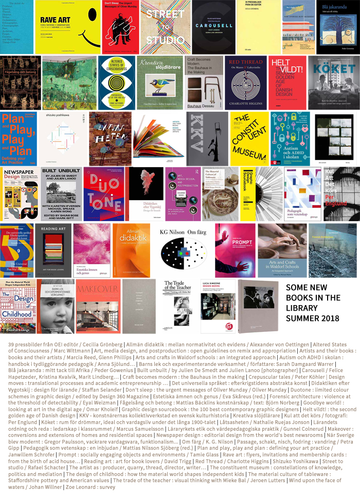 39 pressbilder från OEI editör / Cecilia Grönberg | Allmän didaktik : mellan normativitet och evidens / Alexander von Oettingen | Altered States of Consciousness / Marc Wittmann | Art, media design, and postproduction : open guidelines on remix and appropriation | Artists and their books : books and their artists / Marcia Reed, Glenn Phillips | Arts and crafts in Waldorf schools : an integrated approach | Autism och ADHD i skolan : handbok i tydliggörande pedagogik / Anna Sjölund… | Barns lek och experimenterande verksamhet / författare: Sarah Damgaard Warrer |Blå jakaranda : mitt tack till Afrika / Peder Gowenius | Built unbuilt / by Julien De Smedt and Julien Lanoo [photographer] | Carousell / Felice Hapetzeder, Kristina Kvalvik, Marit Lindberg… | Craft becomes modern : the Bauhaus in the making | Crepuscular tales / Peter Köhler | Design moves : translational processes and academic entrepreneurship … | Det universella språket : efterkrigstidens abstrakta konst | Didaktiken efter Vygotskij : design för lärande / Staffan Selander | Don't sleep : the urgent messages of Oliver Munday / Oliver Munday | Duotone : limited colour schemes in graphic design / edited by Design 360 Magazine | Estetiska ämnen och genus / Eva Skåreus (red.) | Forensic architecture : violence at the threshold of detectability / Eyal Weizman | Fågelsång och betong : Mattias Bäcklins konstnärskap / text: Björn Norberg | Goodbye world! : looking at art in the digital age / Omar Kholeif | Graphic design sourcebook : the 100 best contemporary graphic designers | Helt vildt! : the second golden age of Danish design | KKV - konstnärernas kollektivverkstad en svensk kulturhistoria | Kreativa slöjdlärare | Kul att det körs / fotografi: Per Englund | Köket : rum för drömmar, ideal och vardagsliv under det långa 1900-talet | Låtsasheten / Nathalie Ruejas Jonson | Lärandets ordning och reda : ledarskap i klassrummet / Marcus Samuelsson | Läraryrkets etik och värdepedagogiska praktik / Gunnel Colnerud | Makeover : conversions and extensions of homes and residential spaces | Newspaper design : editorial design from the world's best newsrooms | När Sverige blev modernt : Gregor Paulsson, vackrare vardagsvara, funktionalism... | Om färg / K. G. Nilson | Passage, schakt, nisch, fodring : vandring / Petra Gipp | Pedagogik som vetenskap : en inbjudan / Mattias Nilsson Sjöberg (red.) | Plan and play, play and plan : defining your art practice / Janwillem Schrofer | Prompt : socially engaging objects and environments / Tamie Glass | Rave art : flyers, invitations and membership cards : from the birth of acid house… | Reading art : art for book lovers / David Trigg | Red Thread / Charlotte Higgins | Shizuko Yoshikawa | Street to studio / Rafael Schacter | The artist as : producer, quarry, thread, director, writer… | The constituent museum : constellations of knowledge, politics and mediation | The design of childhood : how the material world shapes independent kids | The material culture of tableware : Staffordshire pottery and American values | The trade of the teacher : visual thinking with Mieke Bal / Jeroen Lutters | Wind upon the face of waters / Johan Willner | Zoe Leonard : survey 