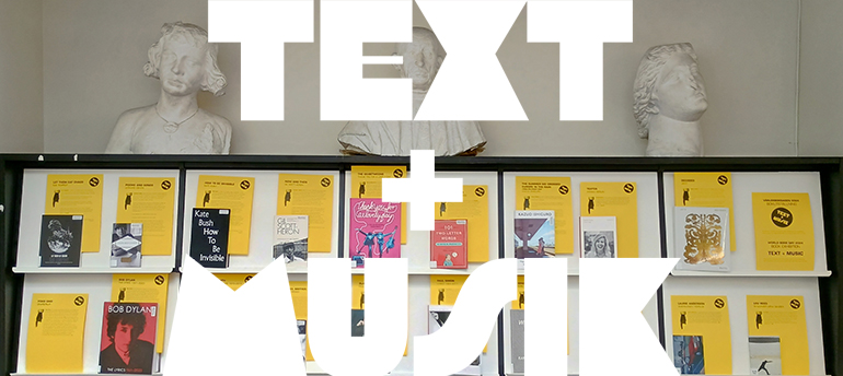 Book exhibition on the theme of Text and music. The image shows covers of a selection of the books in the exhibition.